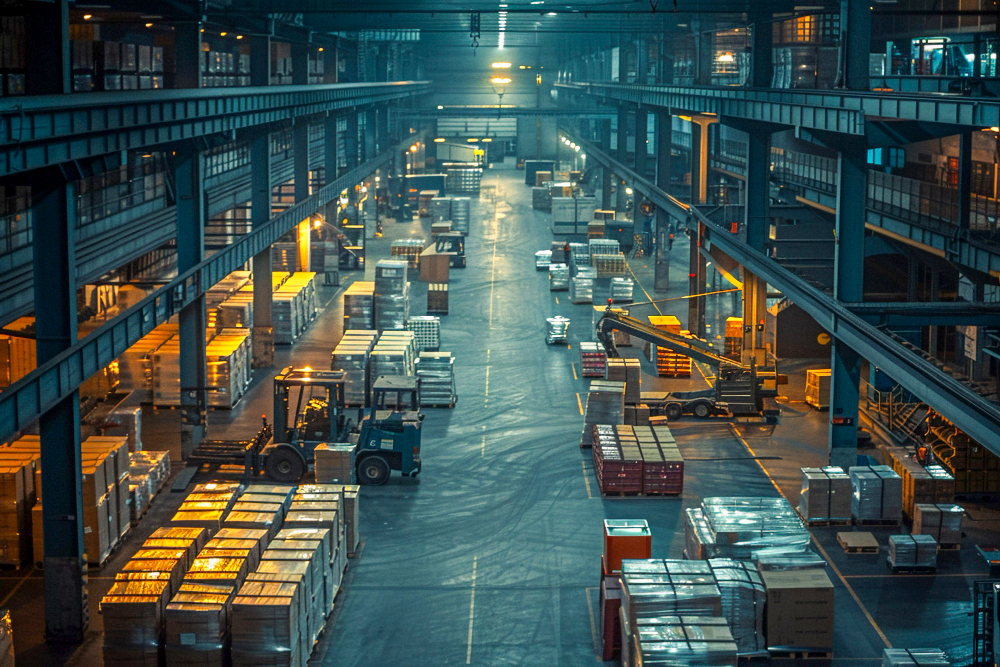 A large industrial warehouse filled with stacked containers and pallets, with forklifts moving goods, under dim lighting.